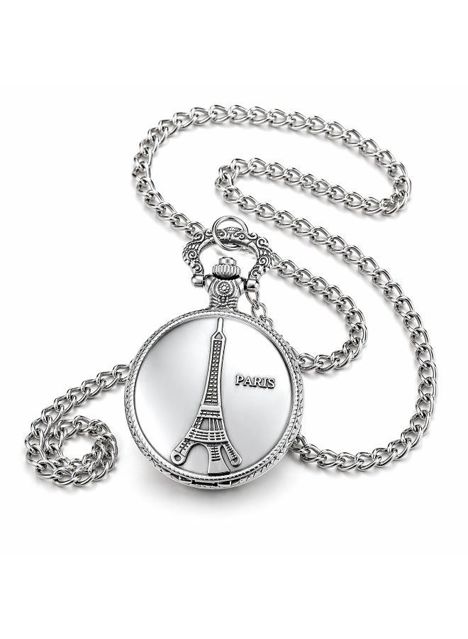 Vintage Pocket Watch Necklace for Men & Women – Paris Eiffel Tower Design – Quartz Pendant Watch with Chain – Antique Bronze & Silver Classic Retro Gift (Silver) - Image 1