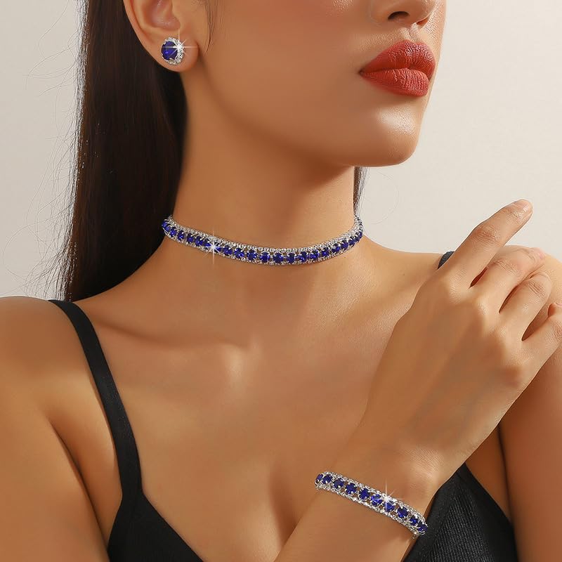 Paxuan Women Rhinestone Crystal Jewelry Set Tennis Design Rhinestone Choker Necklace Link Bracelet Earrings Set Wedding Bridal Bridesmaids Party - Image 2