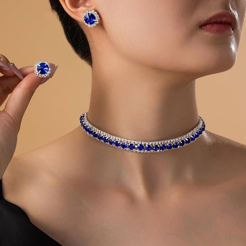 Paxuan Women Rhinestone Crystal Jewelry Set Tennis Design Rhinestone Choker Necklace Link Bracelet Earrings Set Wedding Bridal Bridesmaids Party - Image 3