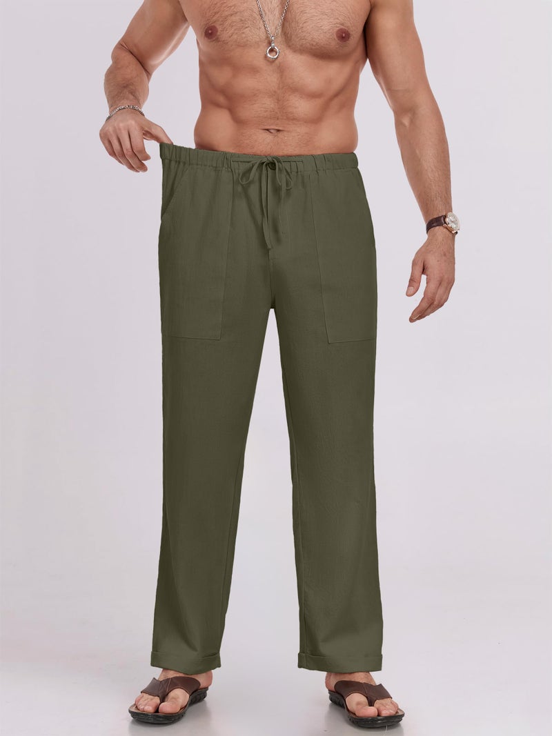 Puimentiua Mens Linen Pants Elastic Waist Drawstring Loose Fit Casual Summer Beach Pants with Pockets Baggy Trousers Army Green-L - Image 3