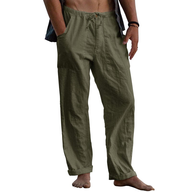 Puimentiua Mens Linen Pants Elastic Waist Drawstring Loose Fit Casual Summer Beach Pants with Pockets Baggy Trousers Army Green-L - Image 1