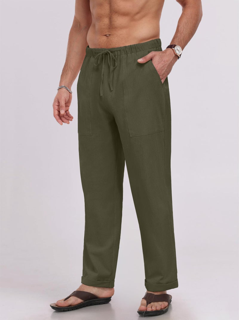 Puimentiua Mens Linen Pants Elastic Waist Drawstring Loose Fit Casual Summer Beach Pants with Pockets Baggy Trousers Army Green-L - Image 5