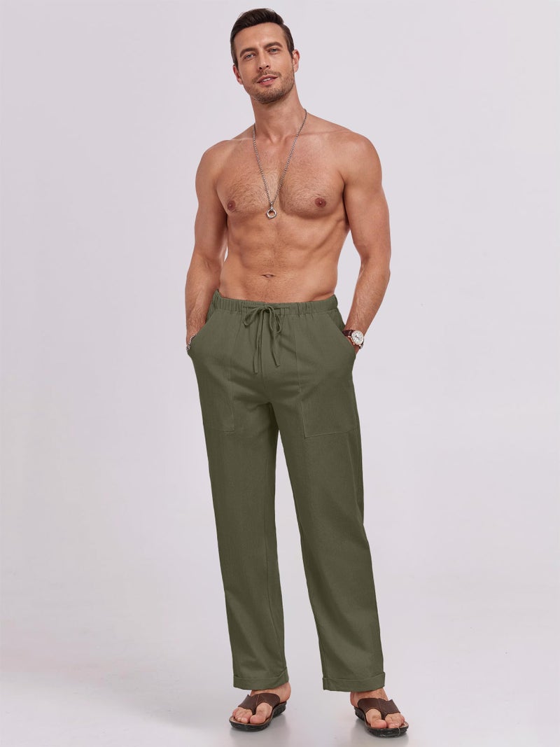 Puimentiua Mens Linen Pants Elastic Waist Drawstring Loose Fit Casual Summer Beach Pants with Pockets Baggy Trousers Army Green-L - Image 2
