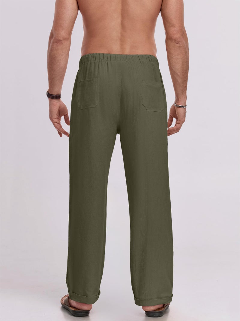 Puimentiua Mens Linen Pants Elastic Waist Drawstring Loose Fit Casual Summer Beach Pants with Pockets Baggy Trousers Army Green-L - Image 4