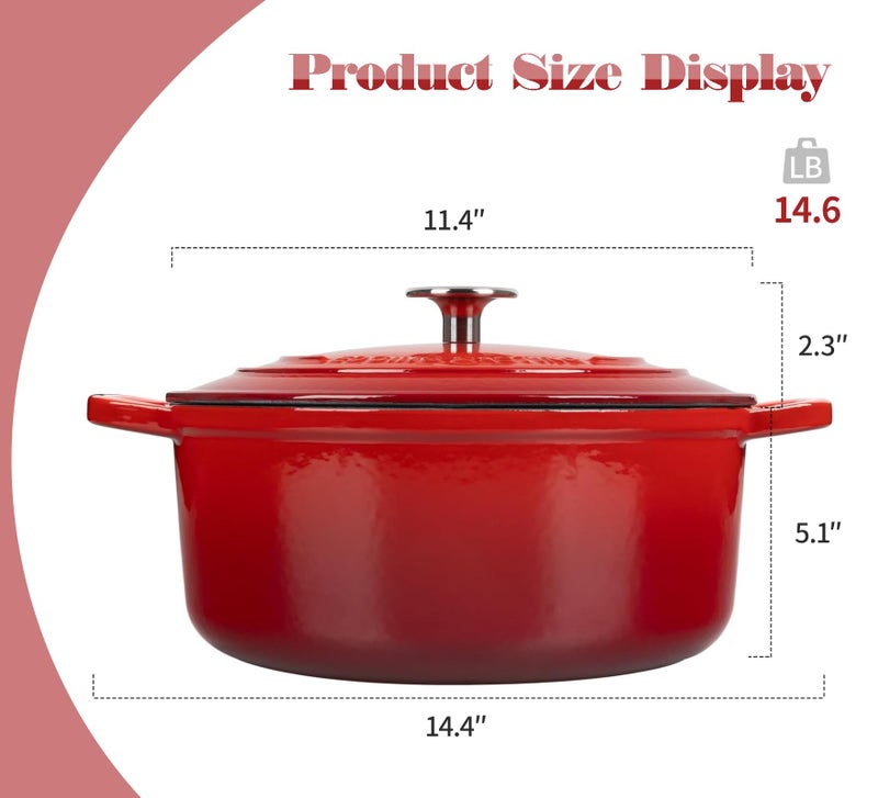 EDGING CASTING Enameled Cast Iron Dutch Oven Pot with Lid, 7 Quart, Round Dutch Ovens, Bread Oven Dual Handles, for Bread Baking, Oven Safe up to 500°F, Red - Image 3