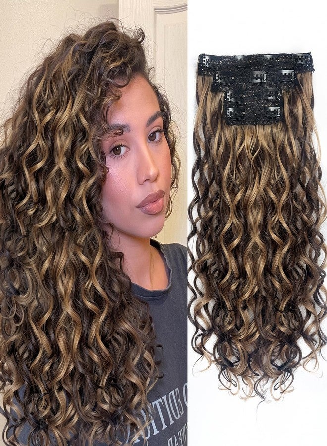 Vigorous Curly Clip In Hair Extensions,4PCS 16 inch Thick Curly Hair Extensions Lace Weft Clip Ins Invisible Natural Synthetic Hairpieces for Women,Chocolate Brown with Highlights - Image 1