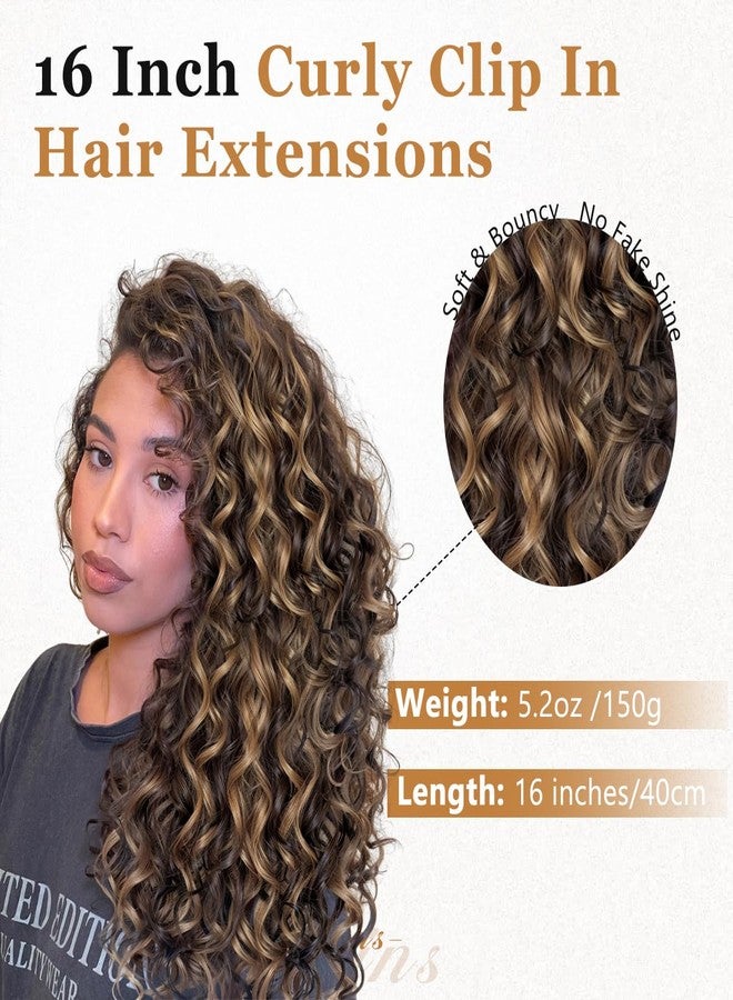 Vigorous Curly Clip In Hair Extensions,4PCS 16 inch Thick Curly Hair Extensions Lace Weft Clip Ins Invisible Natural Synthetic Hairpieces for Women,Chocolate Brown with Highlights - Image 2