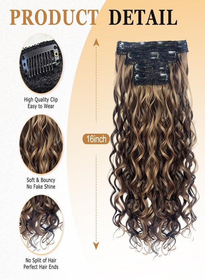 Vigorous Curly Clip In Hair Extensions,4PCS 16 inch Thick Curly Hair Extensions Lace Weft Clip Ins Invisible Natural Synthetic Hairpieces for Women,Chocolate Brown with Highlights - Image 3