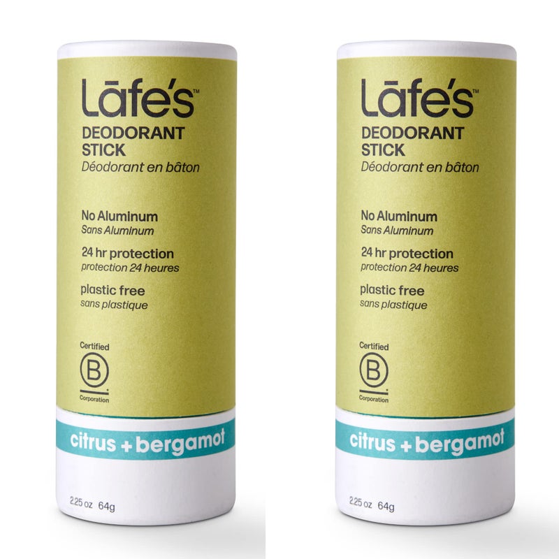 Lafes Natural Deodorant  2Pack 225oz Plastic Free Natural Deodorant Stick in Paper Packaging  Aluminum Paraben and Baking Soda Free with 24Hour Protection 2Pack Citrus  Bergamot