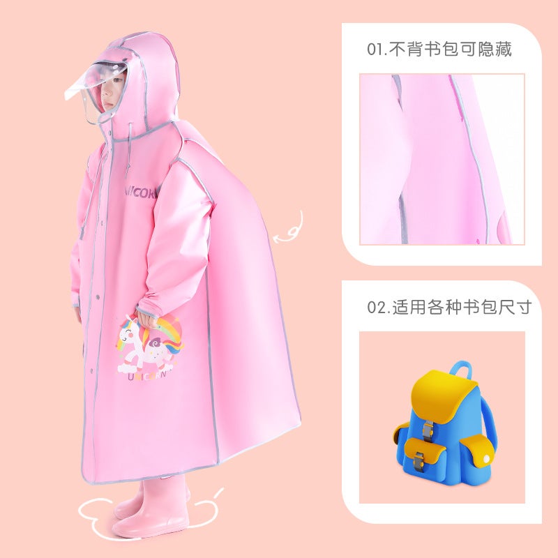 Children'S Raincoat Kindergarten Baby Children Primary School Boys And Girls Raincoat With Schoolbag Double Brim Zipper Poncho - Image 3