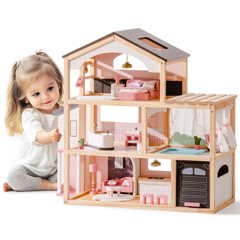 ROBUD Doll House, Wooden Dollhouse with 6 Rooms, 29-pcs Furniture Set, Working Elevator, Garage, Swimming Pool, Ideal Gift for Kids Ages 3+ (Black) - Image 3