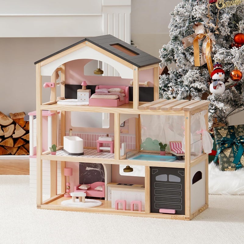 ROBUD Doll House, Wooden Dollhouse with 6 Rooms, 29-pcs Furniture Set, Working Elevator, Garage, Swimming Pool, Ideal Gift for Kids Ages 3+ (Black) - Image 4