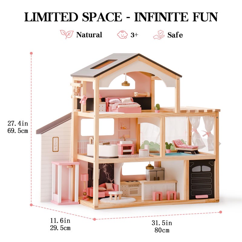 ROBUD Doll House, Wooden Dollhouse with 6 Rooms, 29-pcs Furniture Set, Working Elevator, Garage, Swimming Pool, Ideal Gift for Kids Ages 3+ (Black) - Image 2