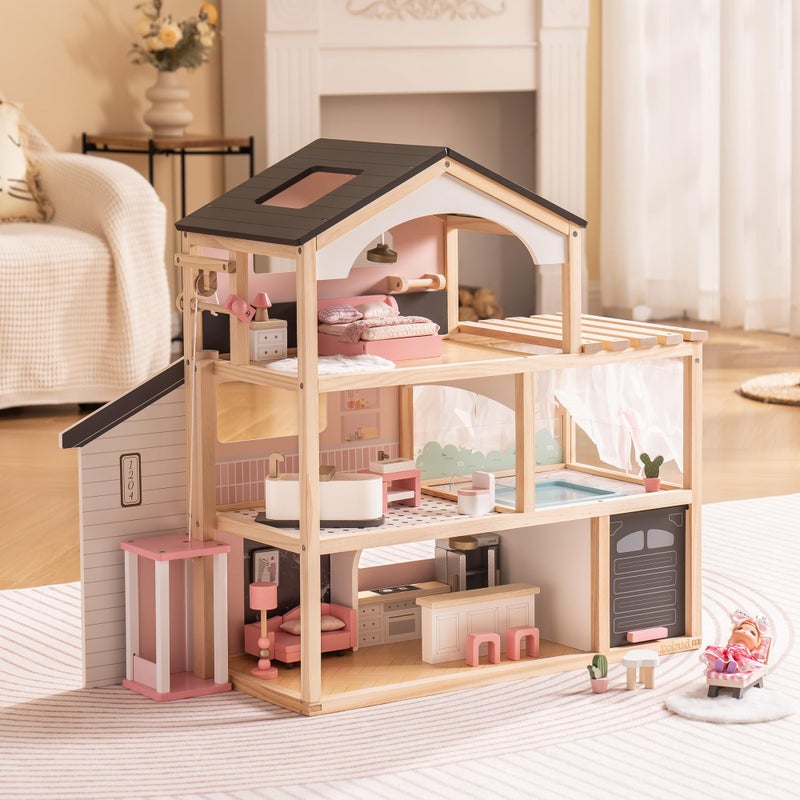 ROBUD Doll House, Wooden Dollhouse with 6 Rooms, 29-pcs Furniture Set, Working Elevator, Garage, Swimming Pool, Ideal Gift for Kids Ages 3+ (Black) - Image 1