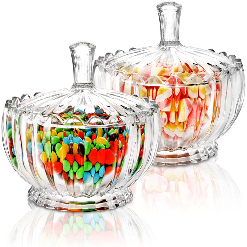 DEAYOU 2 Pack Glass Candy Dish with Lid Large, 34 Oz Crystal Decorative Covered Sugar Bowl, Clear Biscuit Barrel Candy - Image 1