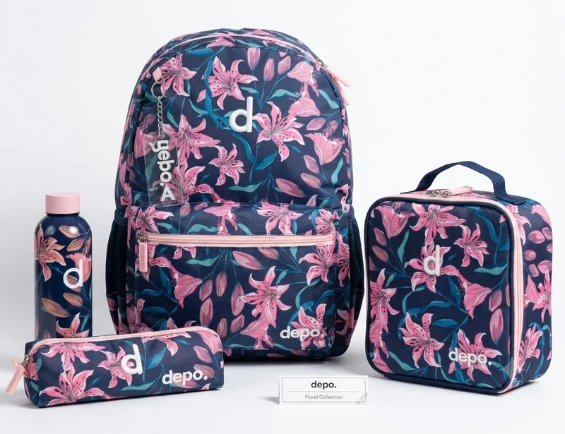 Depo DEPO Navy Blue Pink Floral 4-Piece School Backpack Set for Girls – 44cm Backpack, Insulated Lunch Bag, Pencil Case & 500ml 304 Stainless Steel Water Bottle | Lightweight & Water-Resistant