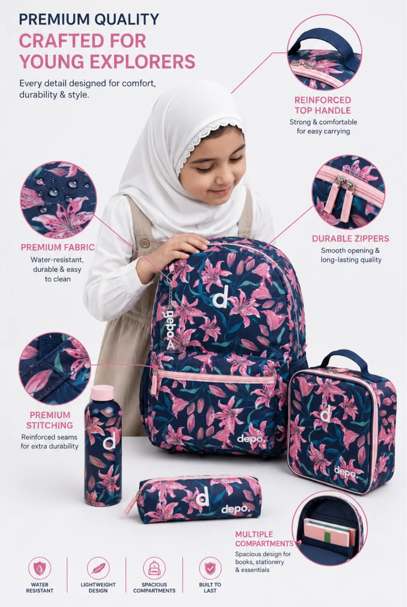 Depo DEPO Navy Blue Pink Floral 4-Piece School Backpack Set for Girls – 44cm Backpack, Insulated Lunch Bag, Pencil Case & 500ml 304 Stainless Steel Water Bottle | Lightweight & Water-Resistant