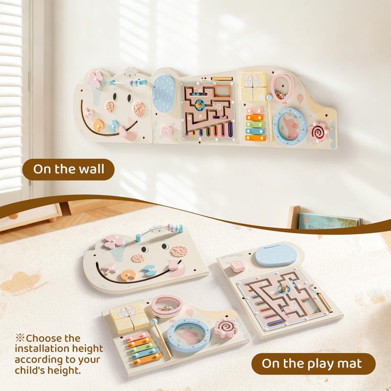 ROBUD Elephant Montessori Busy Board, 12-in-1 Activity Wall Busy Board, Montessori Sensory Wall Panel for Boys & Girls, Toddler Learning Activity Center for Playroom, Nursery, Beige - Image 3