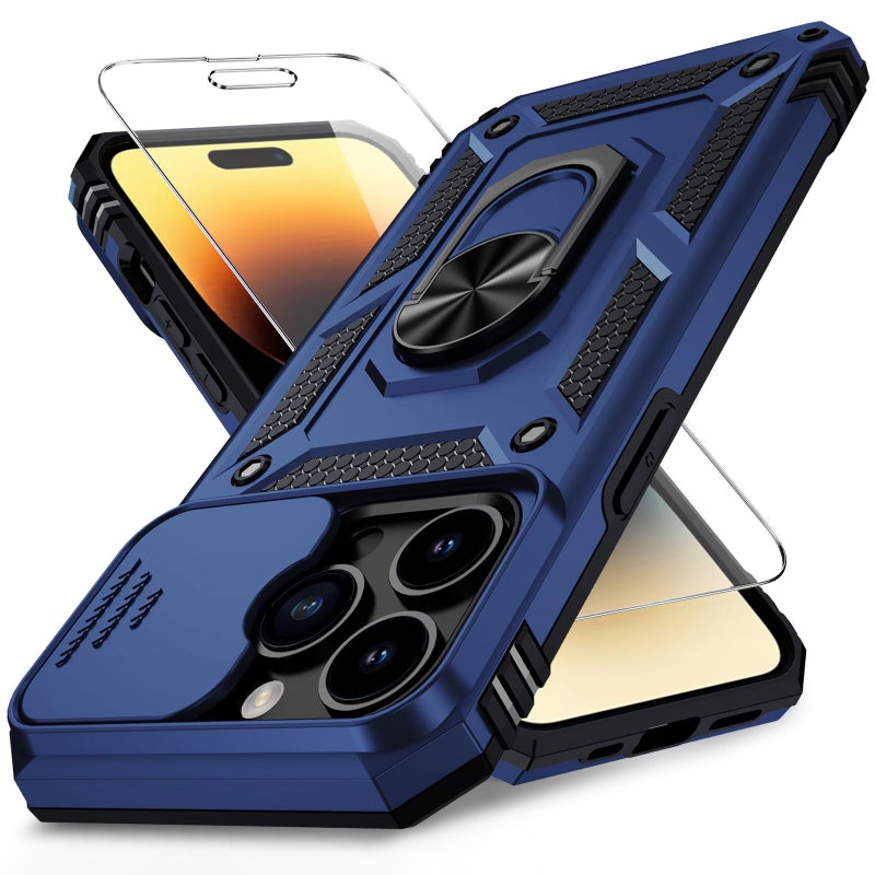Vinve for iPhone 14 Pro Max Case with Slide Lens Cover HD Screen Protector, Military Grade Drop Protection, Magnetic Rotated Ring Holder Kickstand Protective Phone Case (Navy Blue) - Image 1
