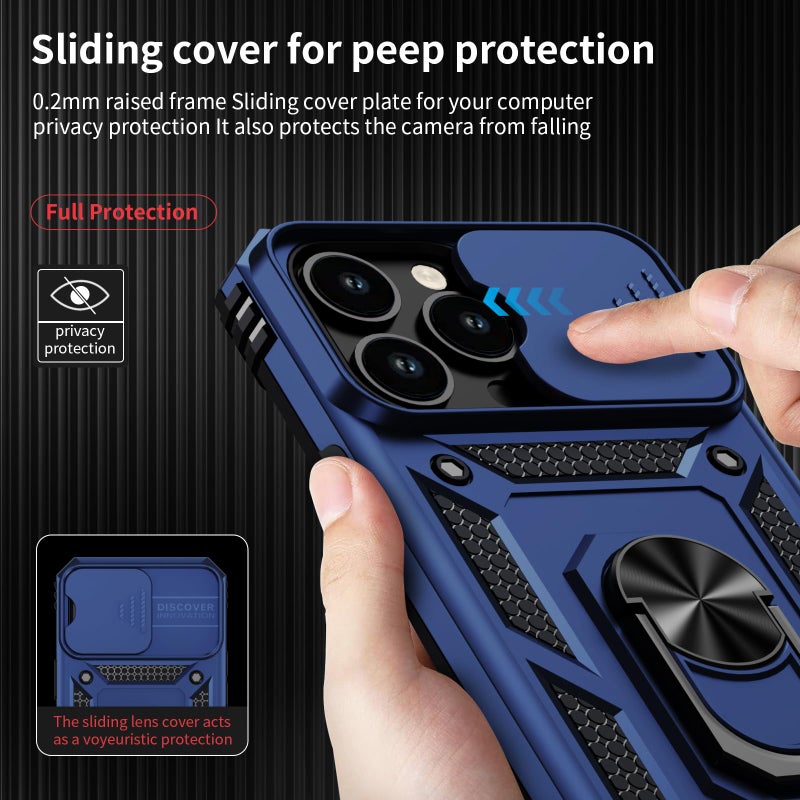 Vinve for iPhone 14 Pro Max Case with Slide Lens Cover HD Screen Protector, Military Grade Drop Protection, Magnetic Rotated Ring Holder Kickstand Protective Phone Case (Navy Blue) - Image 3