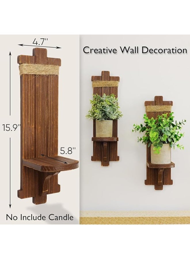 2pcs الريفية الجدار معلقة الشموع Sconces، حاملي الشموع الخشبية البنية، الجدار المثبتة الرف للشموع والزهور اليدوية المعلقة الجدار Sconces لغرفة النوم غرفة المعيشة المطبخ الحمام - Image 3