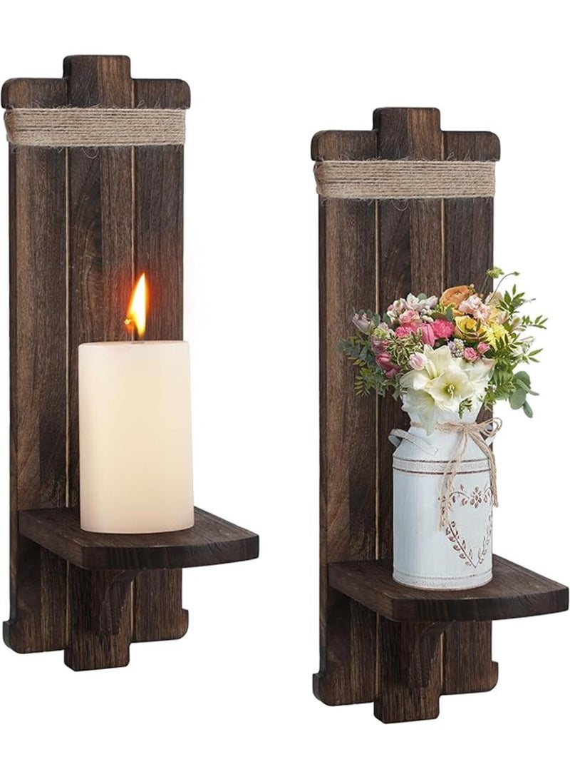 2pcs الريفية الجدار معلقة الشموع Sconces، حاملي الشموع الخشبية البنية، الجدار المثبتة الرف للشموع والزهور اليدوية المعلقة الجدار Sconces لغرفة النوم غرفة المعيشة المطبخ الحمام - Image 1