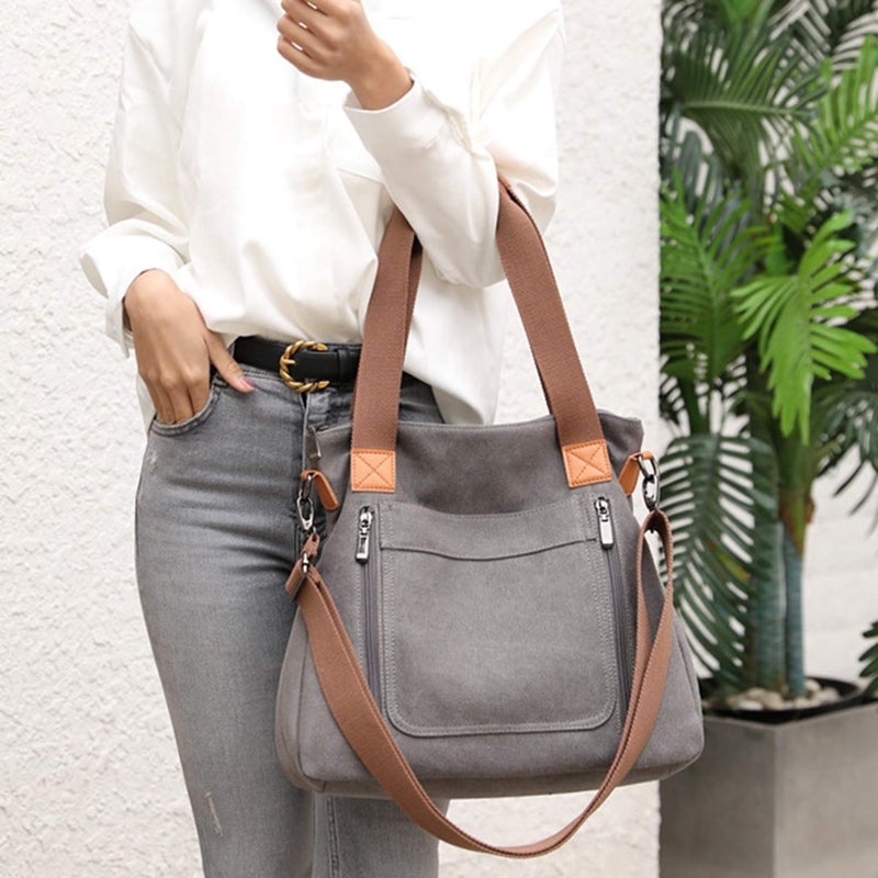 Sunshinejing Women's Canvas Tote Handbags Vintage Casual Shoulder Work Bag Crossbody Purses (Grey) One Size - Image 3