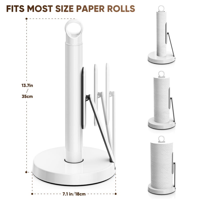 theaoo Heavy-Duty Stainless Steel Paper Towel Holder with Tension Arm â€“ Easy One-Handed Tear, Modern Standing Countertop Dispenser for Kitchen, Holds All Paper Towel Rolls (1, White) - Image 2