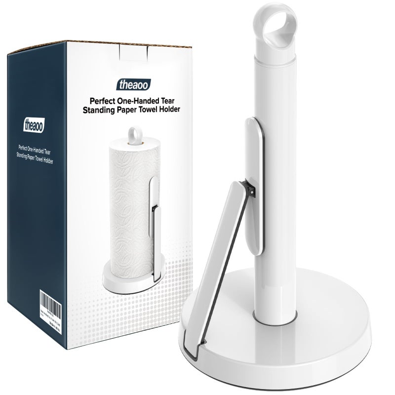 theaoo Heavy-Duty Stainless Steel Paper Towel Holder with Tension Arm â€“ Easy One-Handed Tear, Modern Standing Countertop Dispenser for Kitchen, Holds All Paper Towel Rolls (1, White) - Image 1