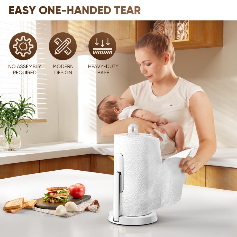 theaoo Heavy-Duty Stainless Steel Paper Towel Holder with Tension Arm â€“ Easy One-Handed Tear, Modern Standing Countertop Dispenser for Kitchen, Holds All Paper Towel Rolls (1, White) - Image 3