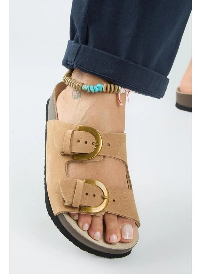 Fuga Women's Genuine Leather Double-Buckle Nubuck Taba Sandal.