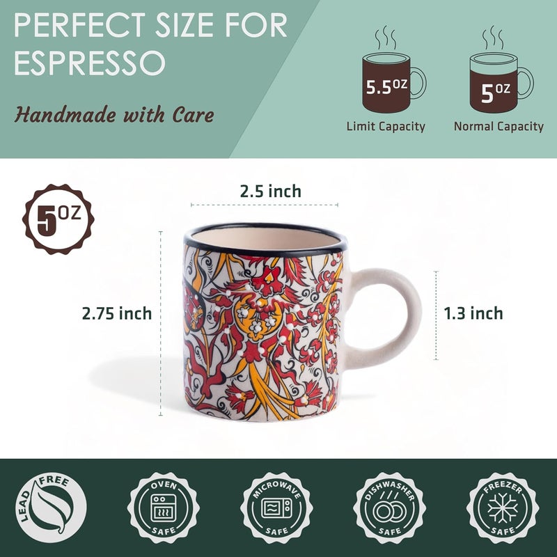 Elyese Ceramic Espresso Cups, 5 Oz Espresso Cups Set of 4, Handmade Espresso Cup, 2.75 Inch Espresso Mugs, Multicolor Demitasse Cups, Microwave & Dishwasher Safe Espresso Mugs, Coffe Mug (IZNIK CARNATION) - Image 2