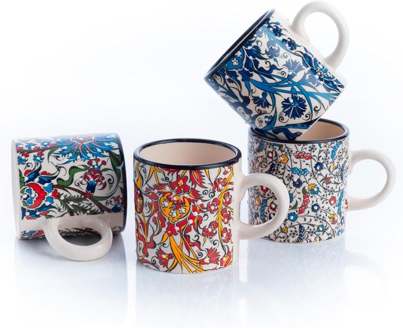 Elyese Ceramic Espresso Cups, 5 Oz Espresso Cups Set of 4, Handmade Espresso Cup, 2.75 Inch Espresso Mugs, Multicolor Demitasse Cups, Microwave & Dishwasher Safe Espresso Mugs, Coffe Mug (IZNIK CARNATION) - Image 1