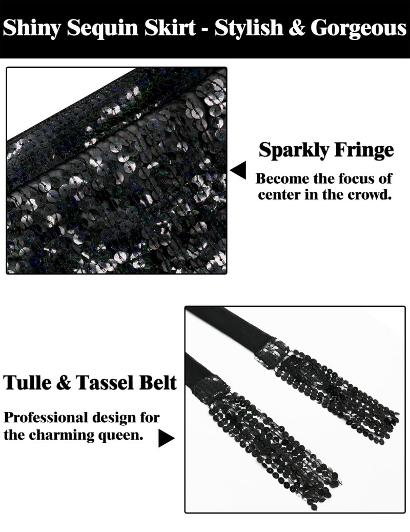 Sarfel Black Sequin Skirt for Women Black Sparkly Skirt for Women Belly Dance Skirts Fringe Skirts Woman Rave Costume Halloween - Image 4