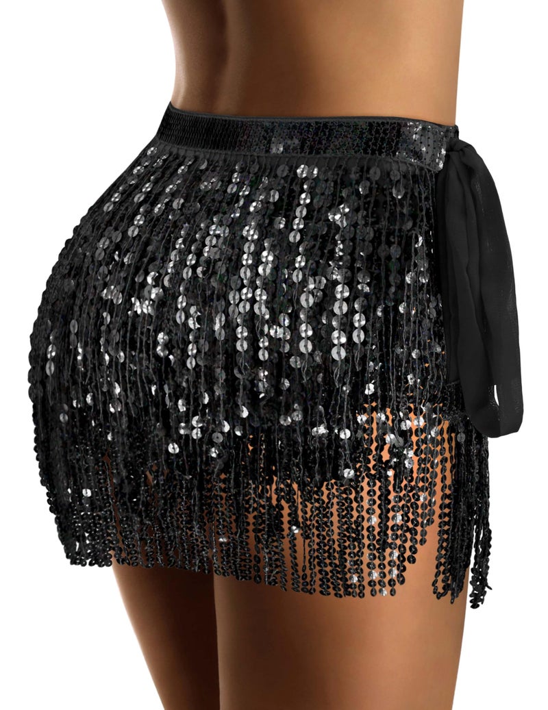 Sarfel Black Sequin Skirt for Women Black Sparkly Skirt for Women Belly Dance Skirts Fringe Skirts Woman Rave Costume Halloween - Image 2