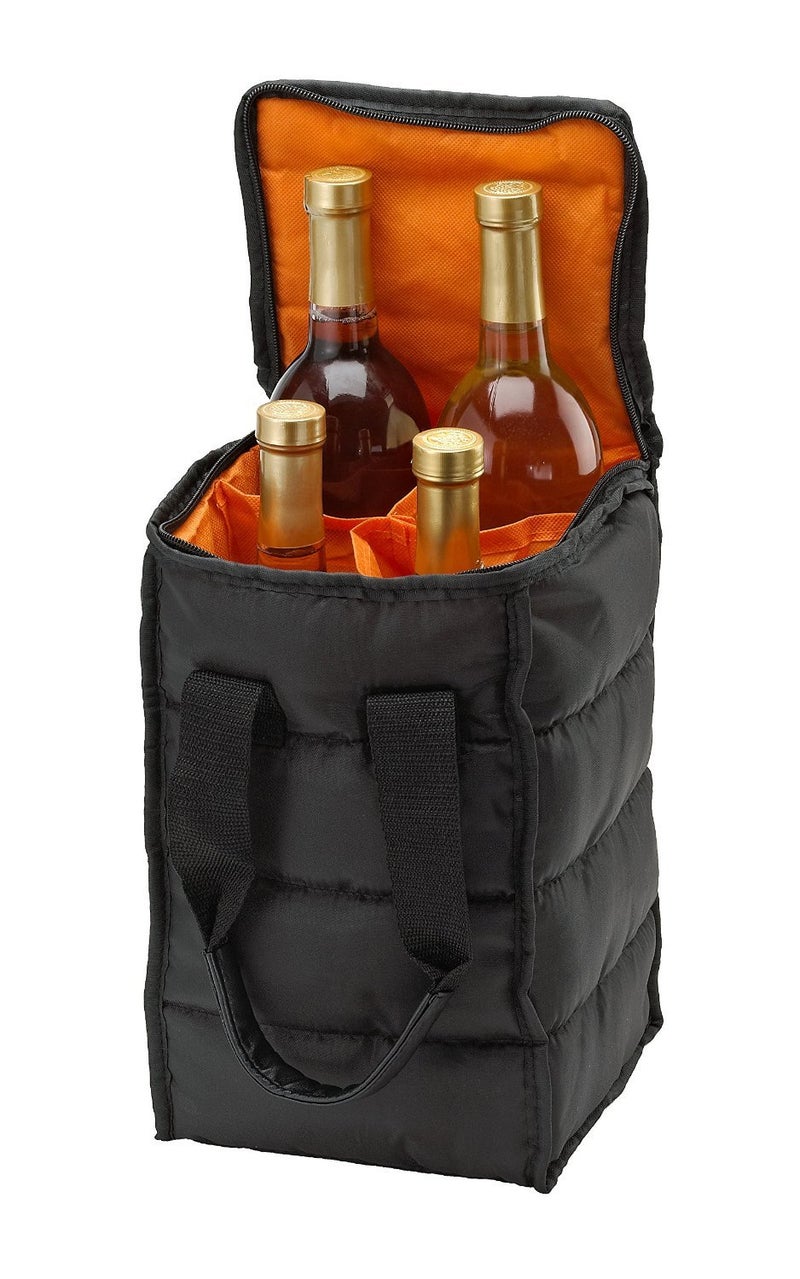 Handy Laundry Wine Carrier Tote Bag  4Bottle Pockets Capacity with Padded Insulation Zipper Closure and Carry Handles  Ideal for Travel Picnics and Beach Trips 