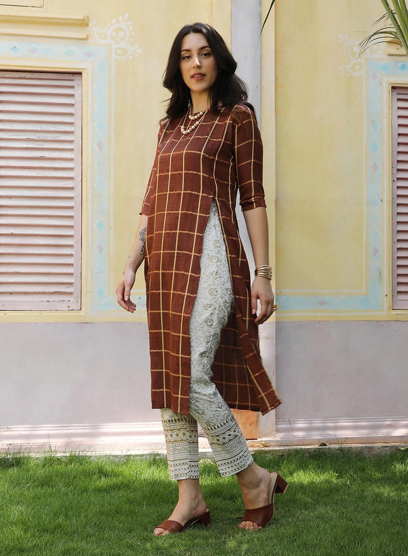  قصة Women's Chocolate Brown Graph Check Kurta  - Image 3