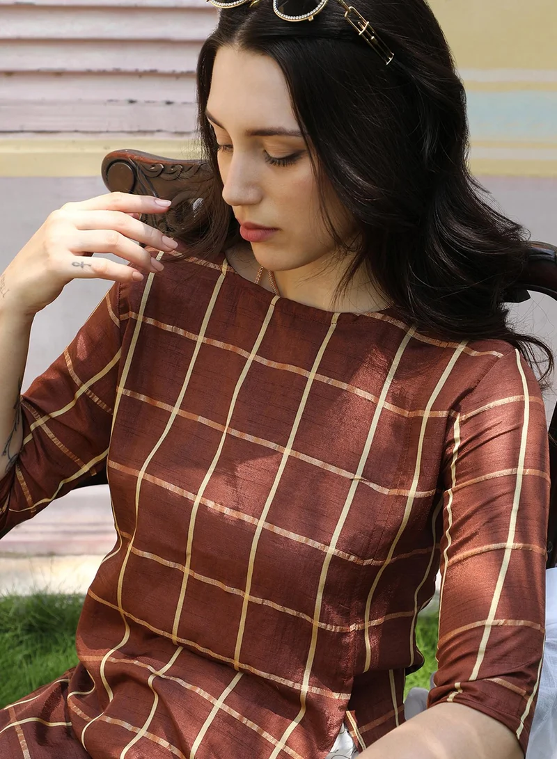 QISSA Women's Chocolate Brown Graph Check Kurta