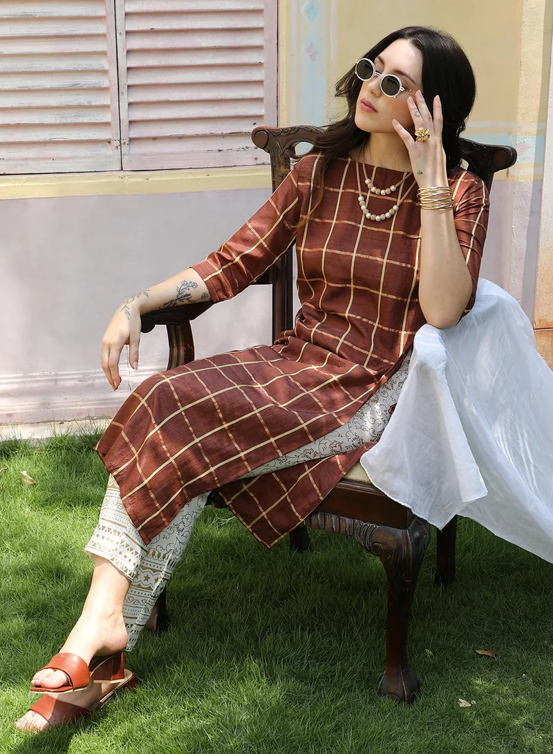 QISSA Women's Chocolate Brown Graph Check Kurta