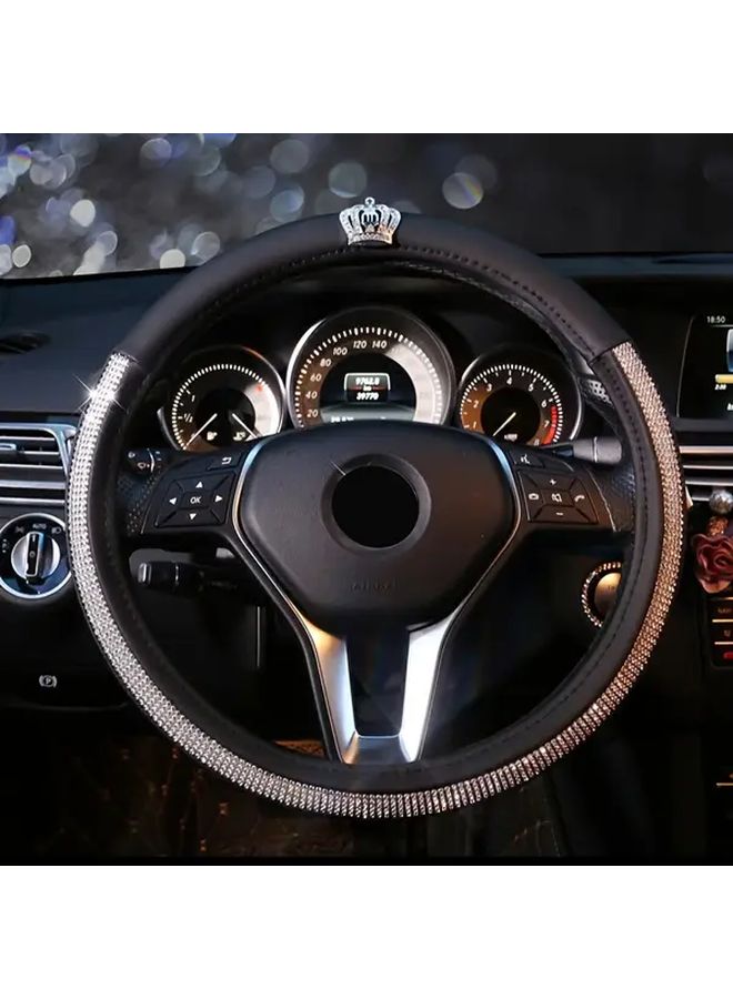 Silvery Diamond Luxury Crown Glitter Steering Wheel Cover Anti Slip PU Leather - Image 1
