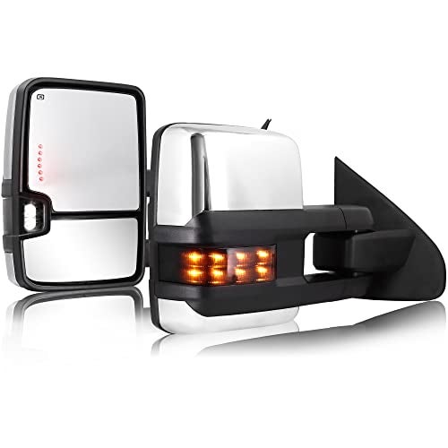 Sanooer Towing Mirrors Chrome for 2014-2018 Chevy Silverado GMC Sierra 1500 2500 HD 3500 HD with Power Glass LED Arrow Turn Signal Light Backup Lamp Running Light Heated Extendable Pair Set - Image 1