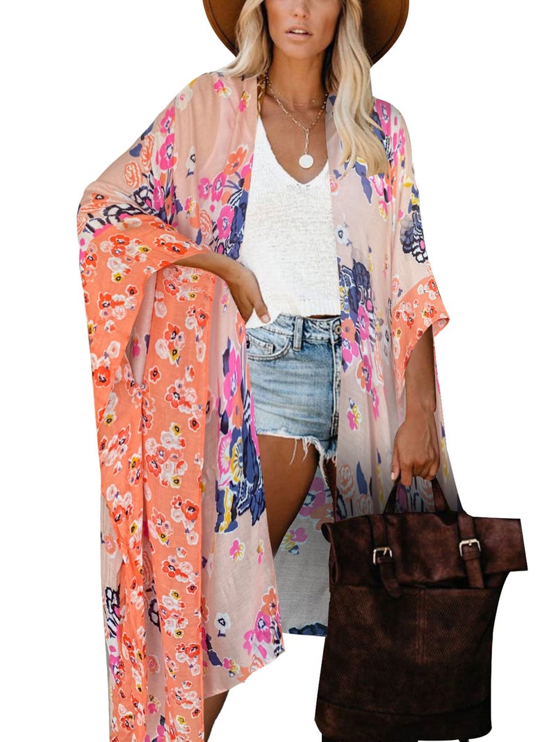 Moss Rose Women's Beach Cover up Swimsuit Kimono with Bohemian Floral Print, Loose Casual Resort Wear - Image 1