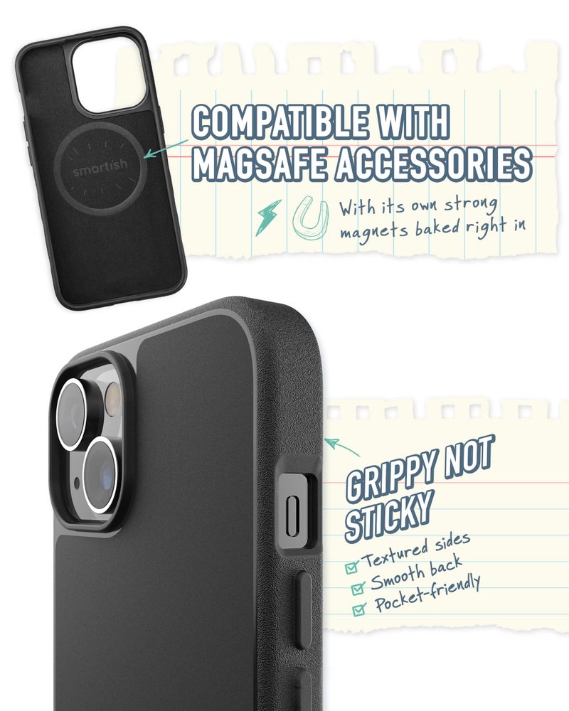 SmartishÂ® iPhone 14 Magnetic Case - Gripmunk Compatible with MagSafe [Lightweight + Protective] Slim/Thin Grip Cover with Microfiber Lining for Apple iPhone 14 - Black Tie Affair - Image 2