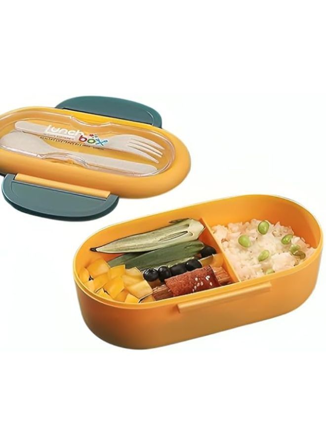 Lunch Box for Boys and Girls - Two-Section Food Container with Spoon and Fork - Leak-Proof Lunch Box, BPA-Free, Food-Grade Materials, and Microwave Safe (Yellow in Navy) - Image 1