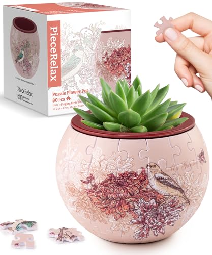 PieceRelax 3D Puzzle Planter - Singing Birds and Flowers - Danish Folklore Style, Home Decor Flower Pots for Indoor Cactus, Succulents Pots [K1100] - Image 1