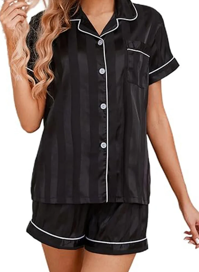 Take Two Black Striped Pattern Piping Shirt and Shorts Set