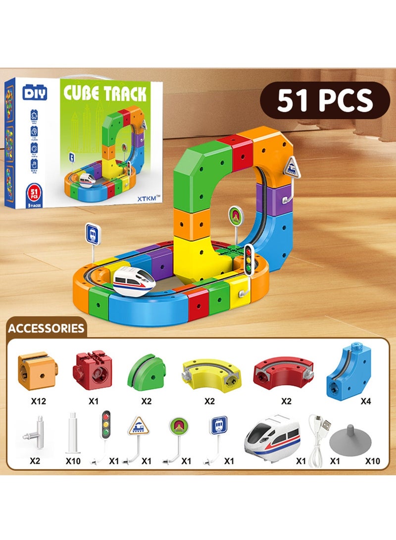 Electric Train Set, Flexible Track Fusion Train Set, DIY Race Car Track Building Kits with Train and Traffic Signs, for 4-10 Year Old Boys Girls Christmas Birthday Party Gifts (51pcs) - Image 1