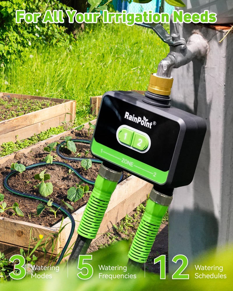 RainPoint WiFi Water Timer for Garden Hose with Brass Inlet, 2-Zone Smart Sprinkler Hose Timer, WiFi Irrigation Controller, Automatic Watering System for Lawns and Yard - Image 2