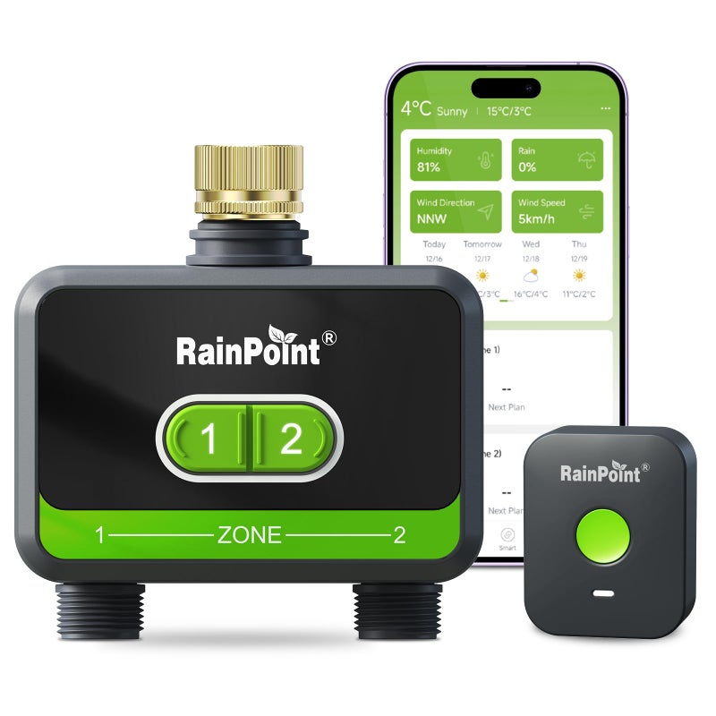 RainPoint WiFi Water Timer for Garden Hose with Brass Inlet, 2-Zone Smart Sprinkler Hose Timer, WiFi Irrigation Controller, Automatic Watering System for Lawns and Yard - Image 1