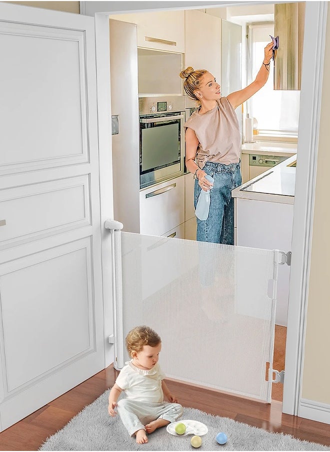 Retractable Baby Gate, Safety Mesh Gate for Babies and Pets, Extra Wide Baby Gate 34" High x 59" Wide, No-Drill Installation, Ideal for Doorways, Stairs, Indoor/Outdoor Use (1.5M White)